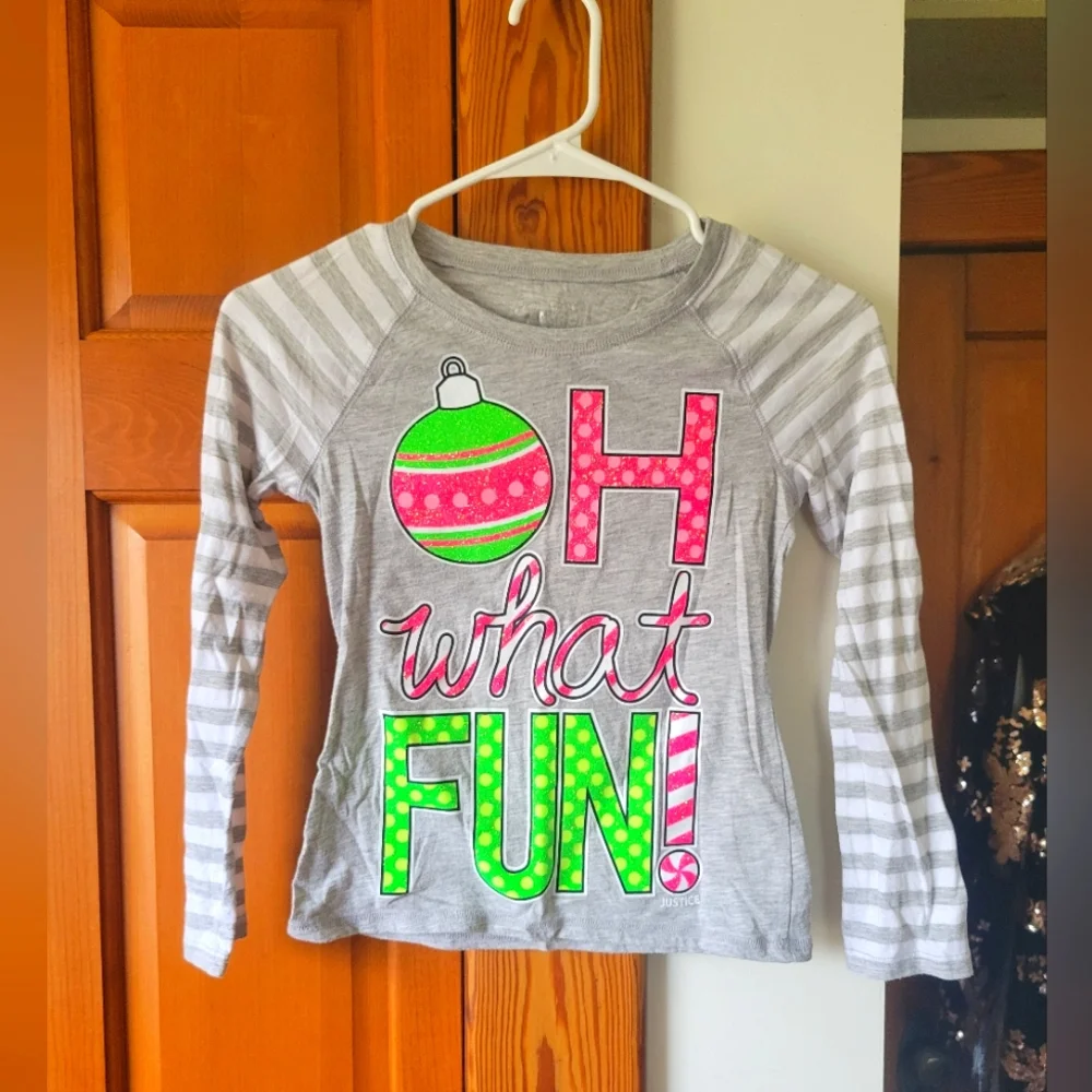 Nwot Justice neon christmas ornament striped top shirt holiday girls 8